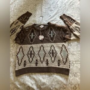 Pink Republic  Aztec Slouchy Crop Sweater Brown Geometric. Size Medium. NWT.